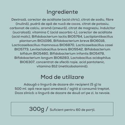 Săruri de rehidratare cu electroliți, vitamine si probiotice - ananas și lămâie - 300g, 60 porții