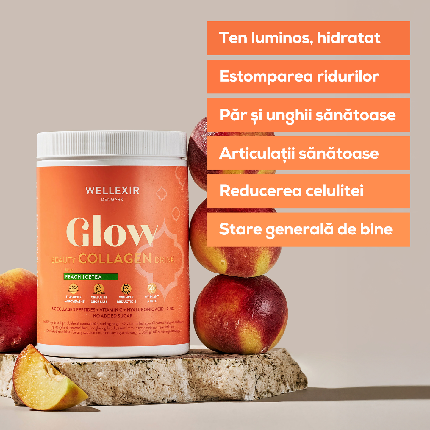 Hydrolyzed Collagen with essential vitamins and hyaluronic acid - Peach Ice Tea - 360g, 60 servings